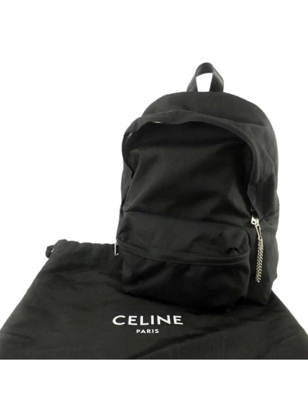 Celine Backpack Nylon Canvas Black Silver Metal Charm